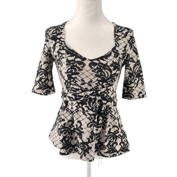 Anthropologie Postmark Black Lace Print Peplum Top Sz XS Romantic, Flirty EUC - Picture 1 of 10